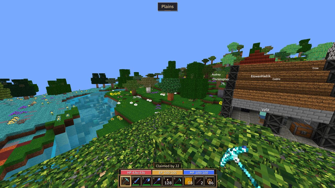 A riverside settlement among blocky trees, seen in first person with a pickaxe in hand