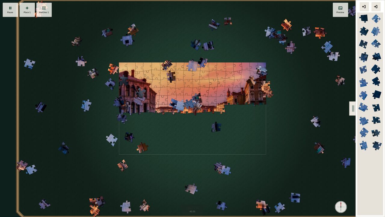 A puzzle of a canal city half assembled, with loose pieces around it