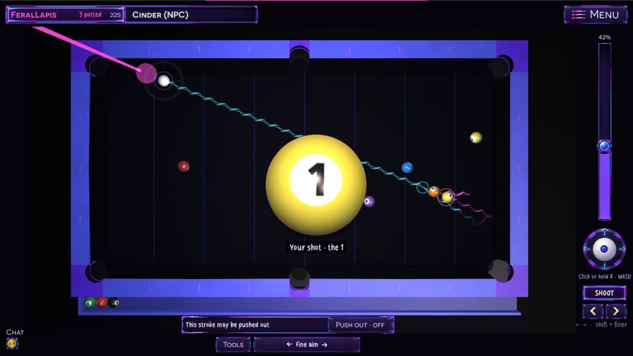 Nine-ball on a neon table, with the target ball introduced to the shooter